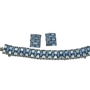 Vintage Ann Vien Blue Purple Crystal Rhinestones Bracelet And Earring Set Signed